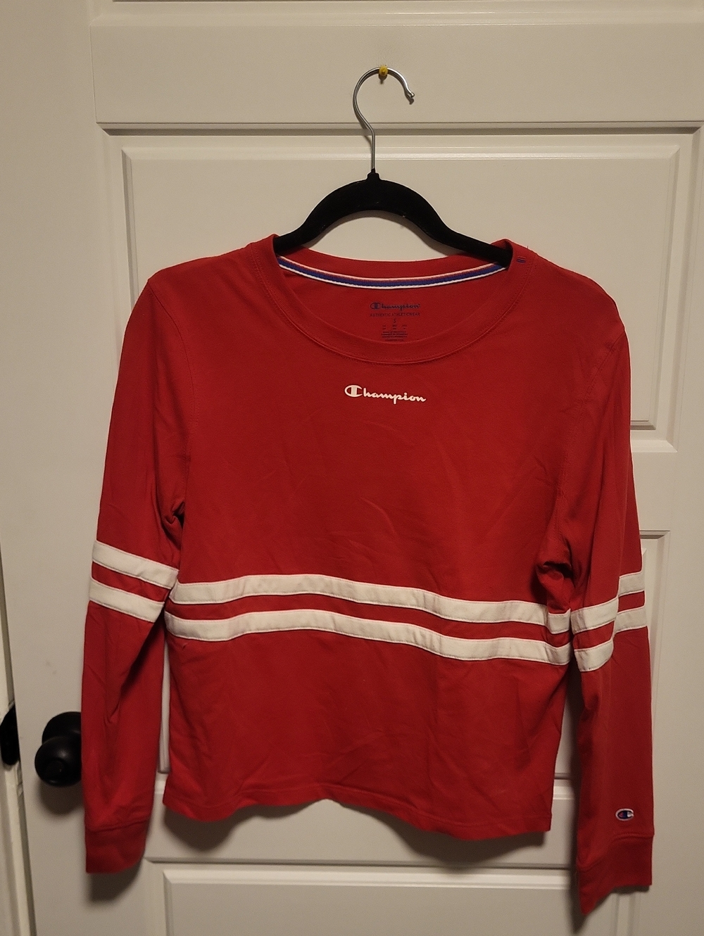 Champion Red Long-Sleeve Pullover with White Stripes